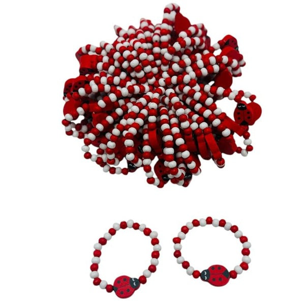 Brățară Mărțișor Copii din Mărgele de Lemn cu Charm Buburuză, Elastică, Alb și Roșu - MCF România