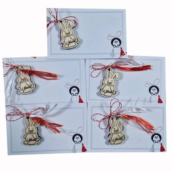 Mărțișor Iepuraș din Lemn Gravat, Handmade, Simbol al Primăverii cu Șnur Alb-Roșu - MCF România