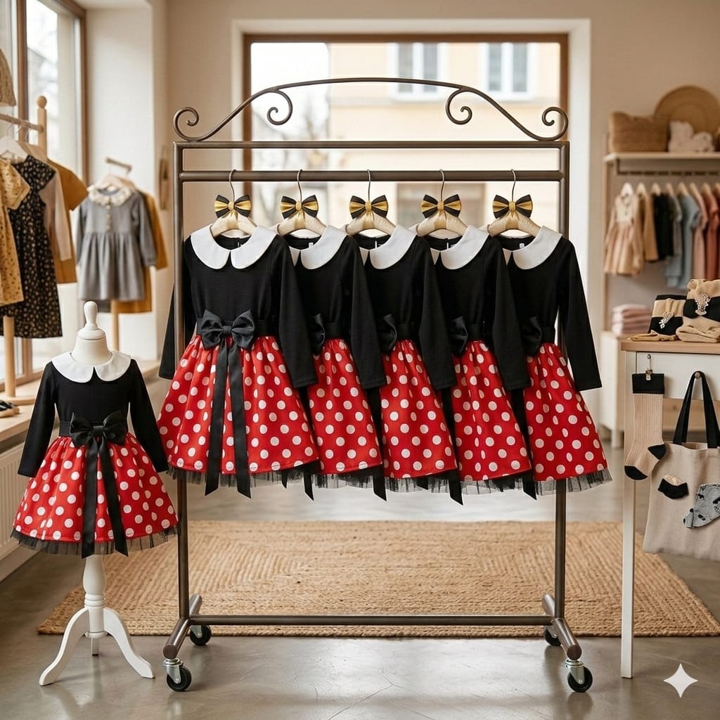 Rochie Fetițe Model Minnie, Fustă Roșie cu Buline și Detalii Satinate