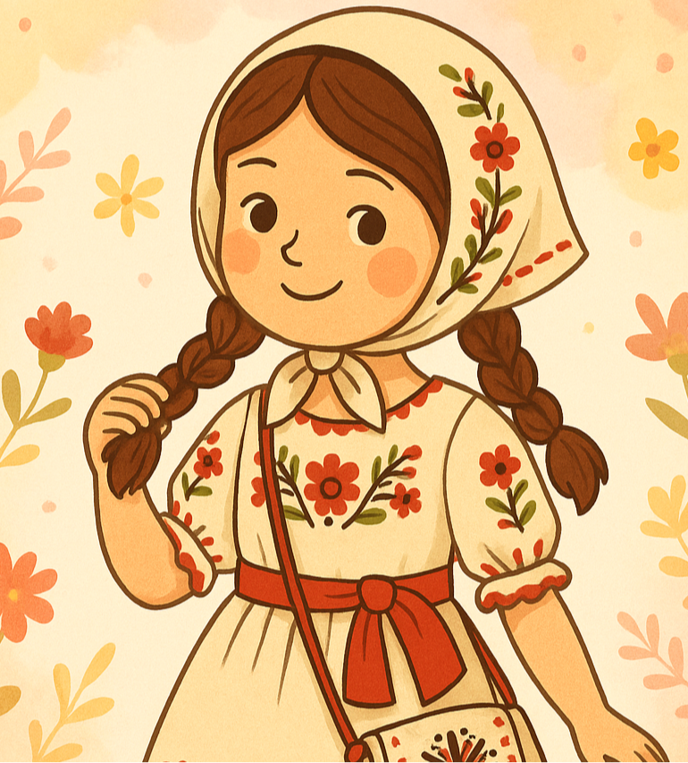 Illustration of a girl in traditional attire with floral elements and text on a beige background