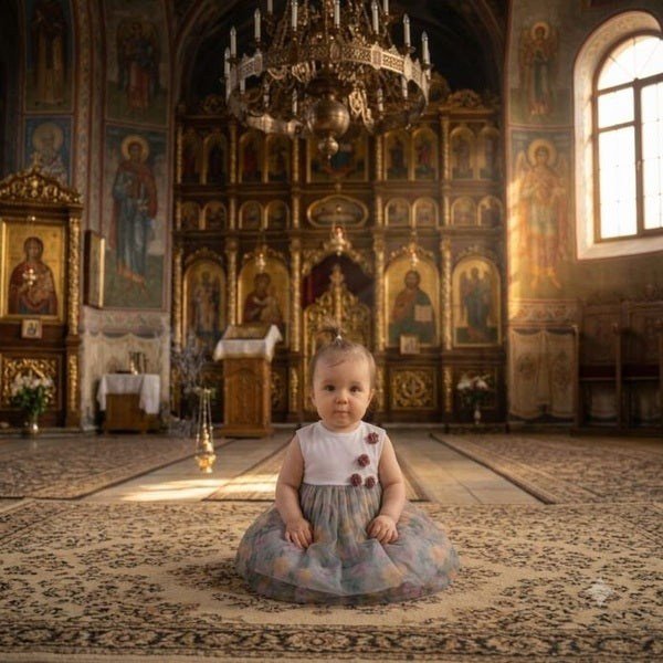 Rochiță de botez pentru bebeluși cu fustă din organza cu flori de câmp