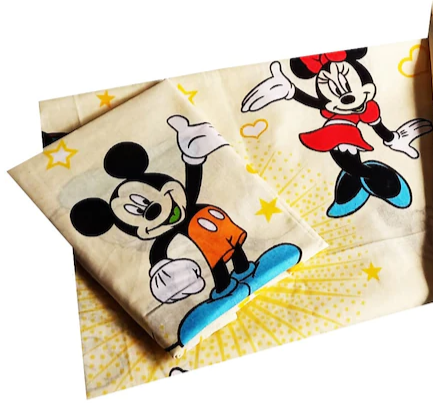 Cartoon character-themed fabric with Mickey Mouse and Minnie Mouse on a beige background