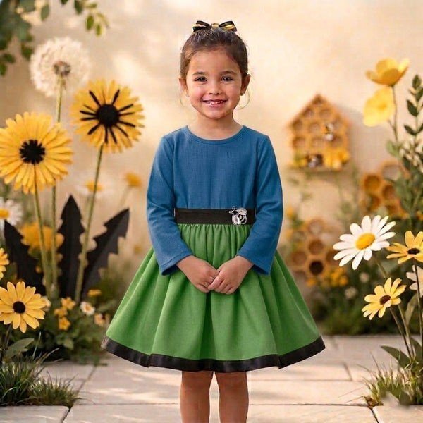 Rochie fete MCF Milaneză Elastică Model Bondar – Albastru cu Verde