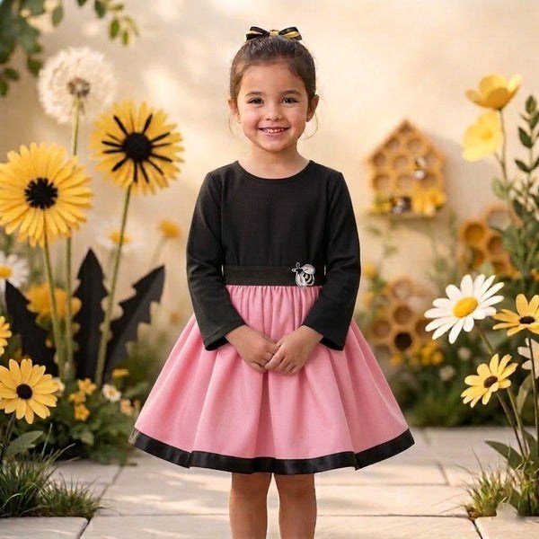 Rochie fete MCF Milaneză Elastică Model Bondar – Negru cu Roz