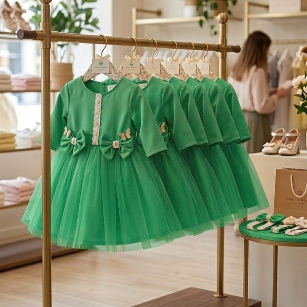 Rochie fete MCF cu Tull și Fundițe, Model Prințesă - Verde