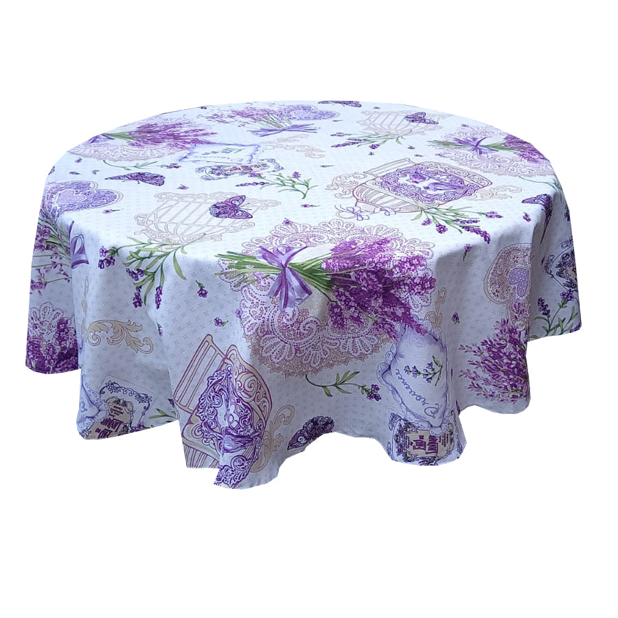 Față de masă rotundă cu lavandă – bumbac de calitate, MCF, design floral elegant