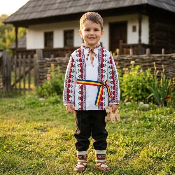 Cămașă tradițională Muntenia purtată de un băiat, într-un decor rural