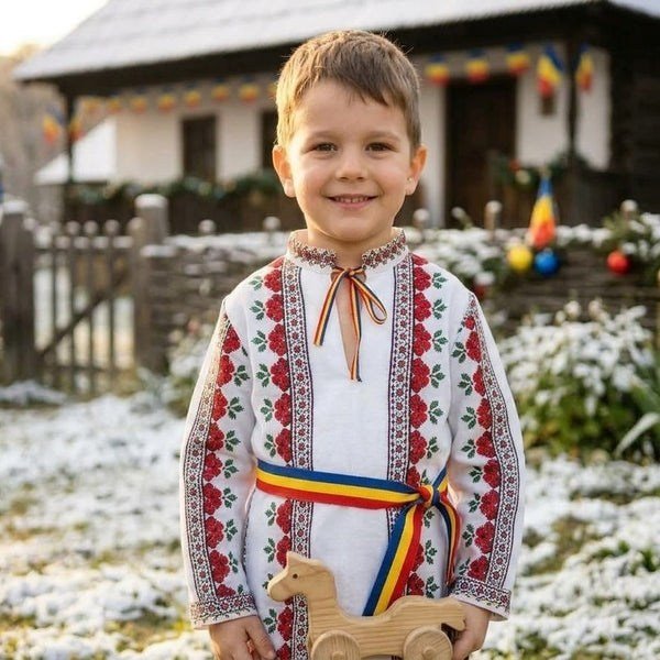 Detalii cămașă Muntenia pentru băieți, cu motive florale și legături tricolore