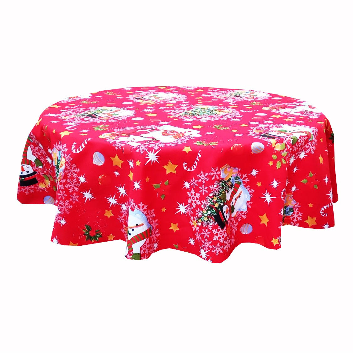 Față de masă rotundă din bumbac – imprimeu Om de zăpadă, decor de Crăciun