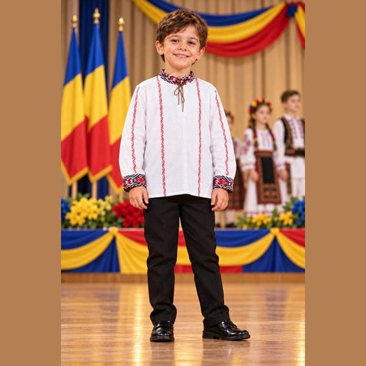 Cămașă tradițională băieți Oltenia cu imprimeu popular | MCF