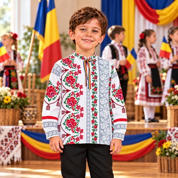 Cămașă tradițională băieți Moldova cu imprimeu popular | MCF