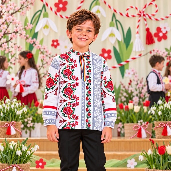 Cămașă tradițională băieți Moldova cu imprimeu popular | MCF