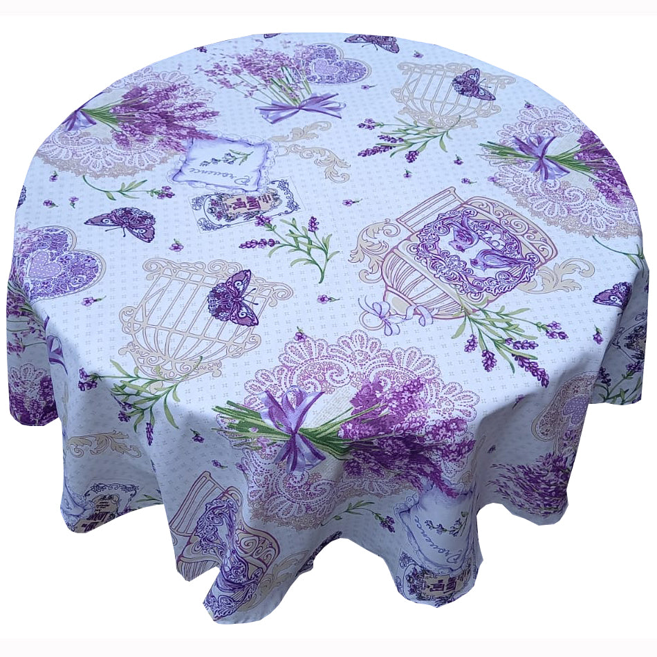 Față de masă rotundă cu lavandă – bumbac de calitate, MCF, design floral elegant