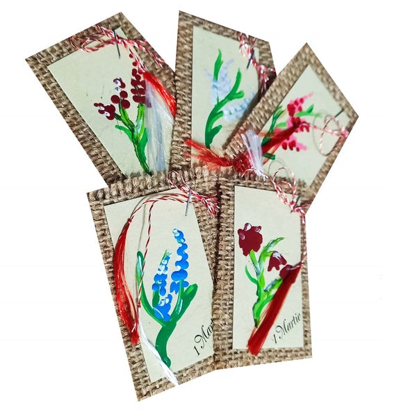Mărțișoare Handmade Unicat, Pictate Manual pe Suport Rustic de Iută, Modele Florale Diverse
