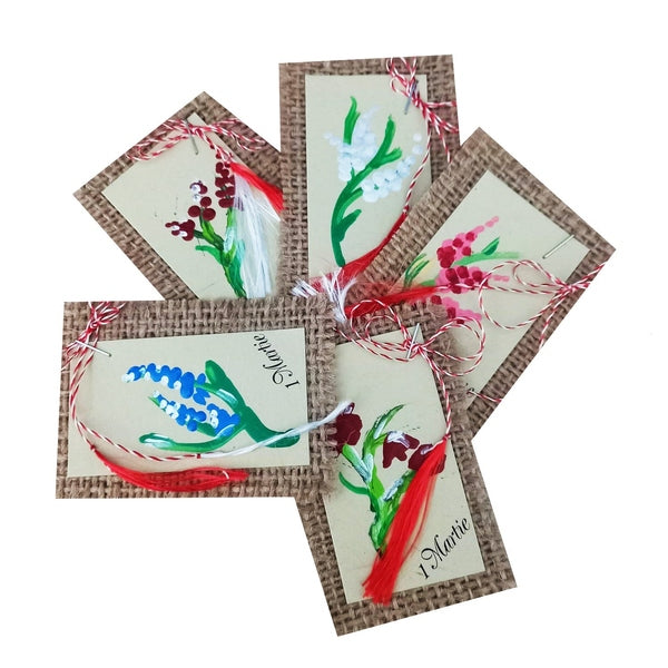 Mărțișoare Handmade Unicat, Pictate Manual pe Suport Rustic de Iută, Modele Florale Diverse