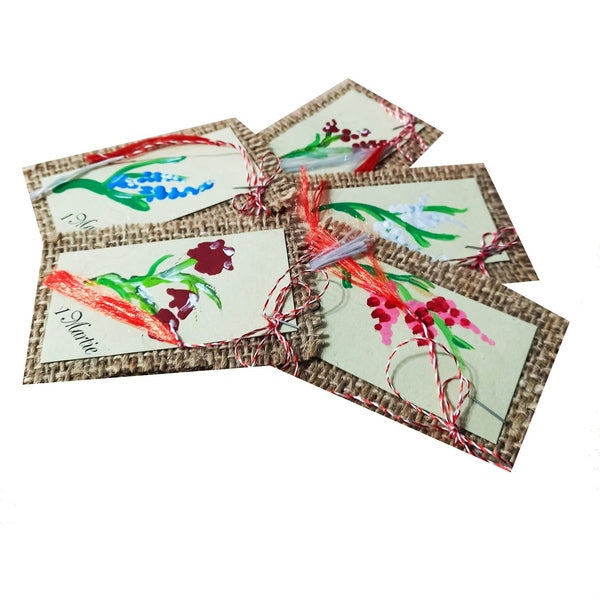Mărțișoare Handmade Unicat, Pictate Manual pe Suport Rustic de Iută, Modele Florale Diverse
