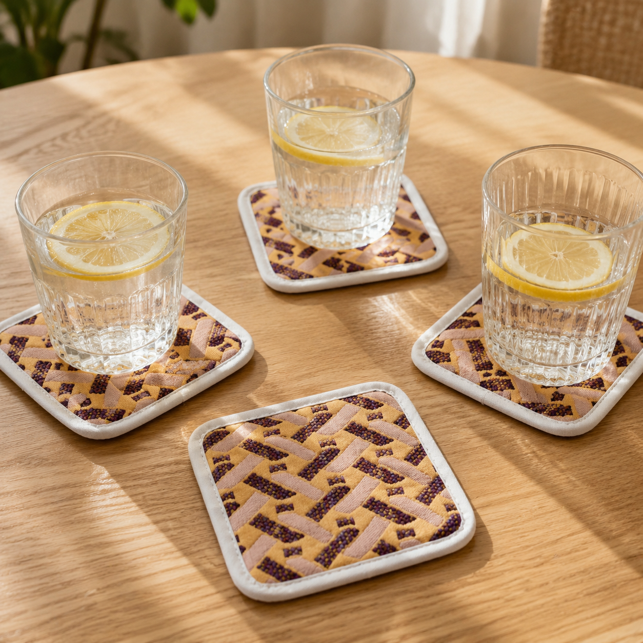 Set 4 suporturi pentru pahare din jacquard – textile, reutilizabile