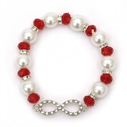 Brățară Mărțișor cu Perle din Sticlă Albe și Roșii, Simbol Infinit cu Cristale, Elastică - MCF România