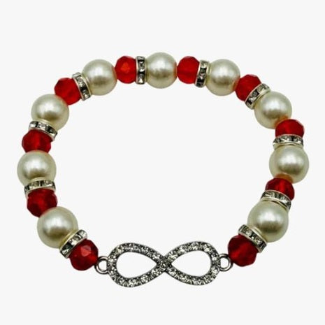Brățară Mărțișor cu Perle din Sticlă Albe și Roșii, Simbol Infinit cu Cristale, Elastică - MCF România