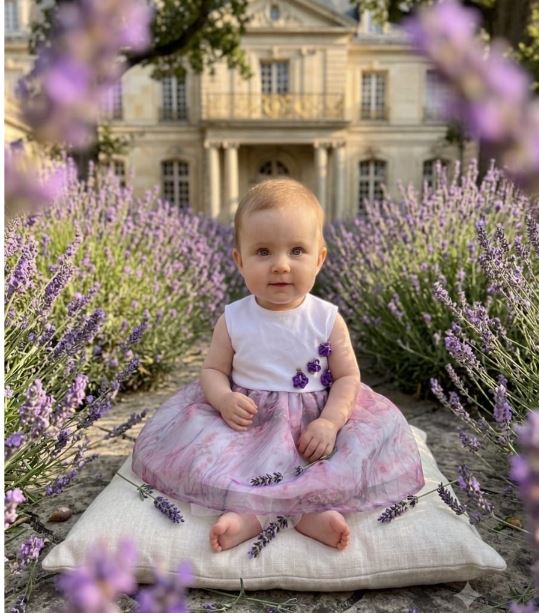 Rochiță elegantă pentru bebeluși cu fustă din organza floral și flori aplicate