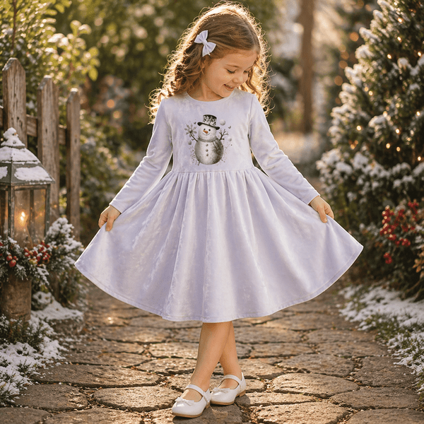 White Velvet Dress for Girls Snowman 1-6 Years