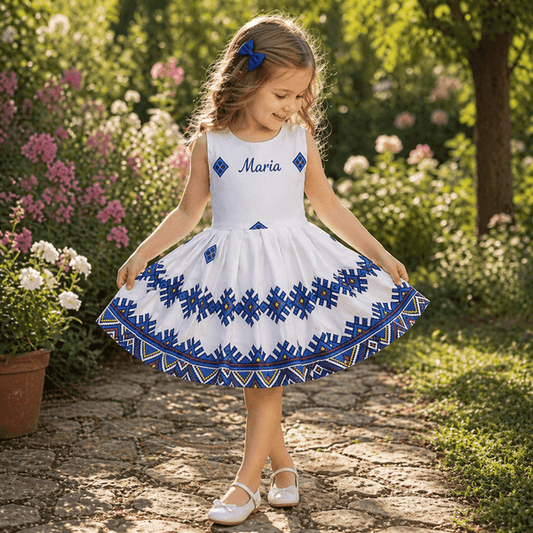 Multicolored MFC cotton summer dress with traditional Dobrogea print