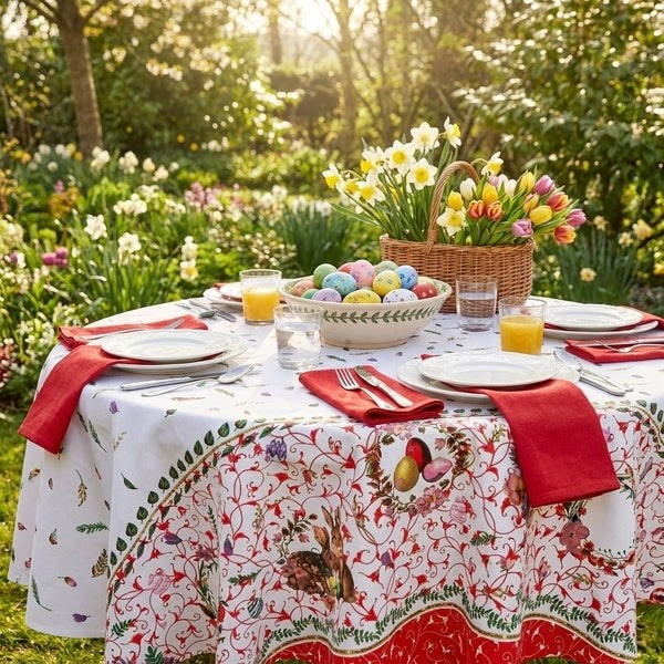 Round tablecloth made of 100% cotton with Easter bunnies