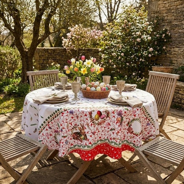 Round tablecloth made of 100% cotton with Easter bunnies