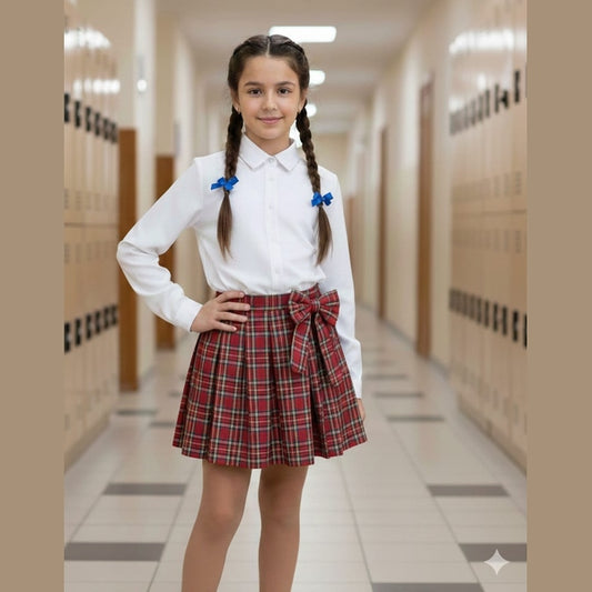 Fustă plisată fete roșie carouri, fundiță, stofa rosu cu carouri - MCF România