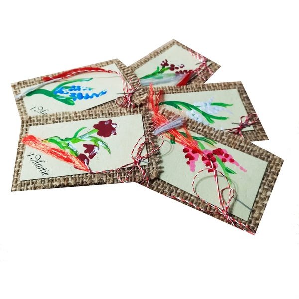 Mărțișoare Handmade Unicat, Pictate Manual pe Suport Rustic de Iută, Modele Florale Diverse - MCF România