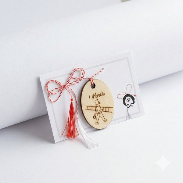 Mărțișor din Lemn Gravat, Model Coșar Norocos, Handmade cu Șnur Tradițional - MCF România