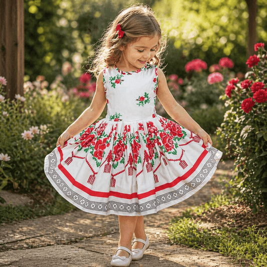 Multicolored summer cotton dress with traditional Moldovan print MCF