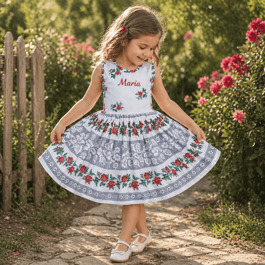 Multicolored summer cotton dress with traditional Moldovan print