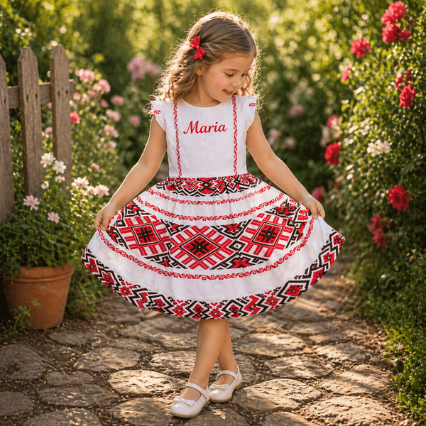 Traditional Oltenia girls' multicolor summer cotton dress
