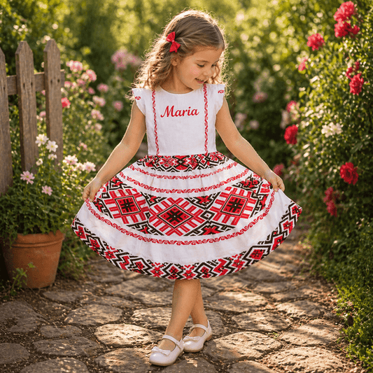 Traditional Oltenia girls' multicolor summer cotton dress