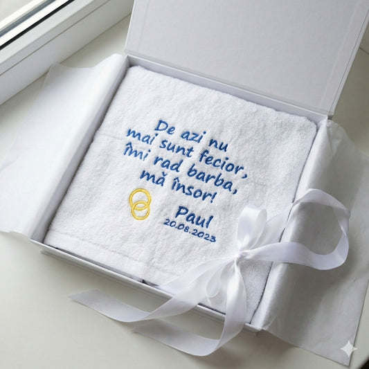 Prosop personalizat nunt? – brodat cu mesaj „De azi nu mai sunt fecior...” – cadou mire / nunt? - MCF România