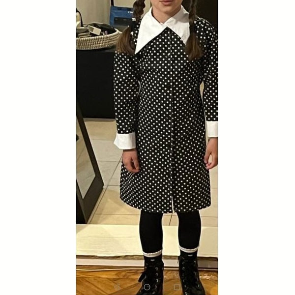 Rochie fete MCF Wednesday bumbac negru cu buline albe - MCF România
