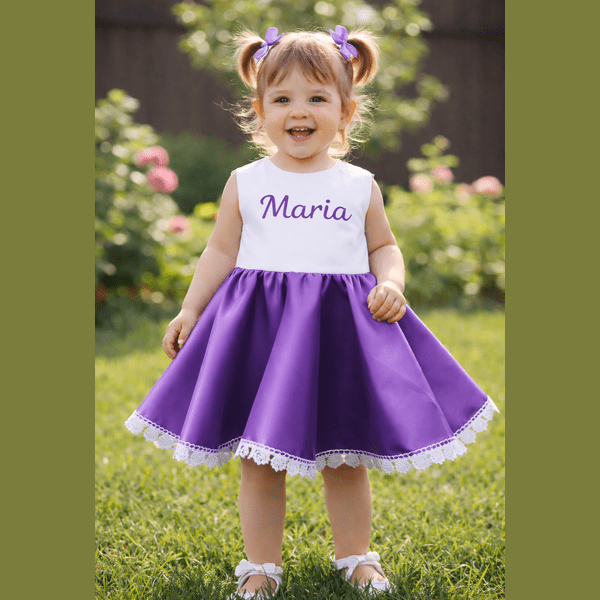 Rochie fete MCF din bumbac alb  si tafta mov cu alb – personalizată cu nume