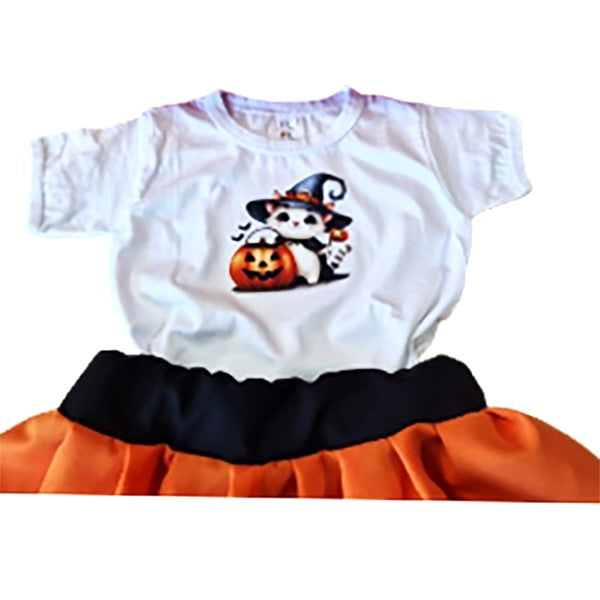 Set costum Halloween fete tricou fustă portocalie - MCF România