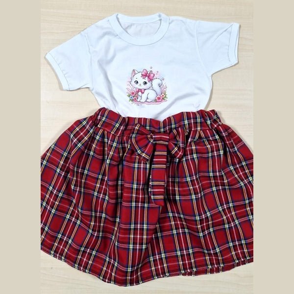 Set tricou Pisica și fustă din stofa rosie cu carouri - MCF România