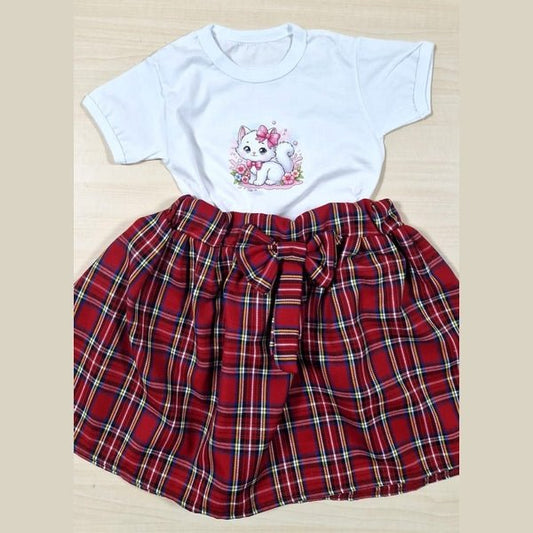 Set tricou Pisica și fustă din stofa rosie cu carouri - MCF România