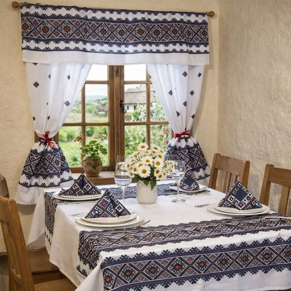 Tablecloth set, 4 napkins, 4 chair covers and kitchen curtain