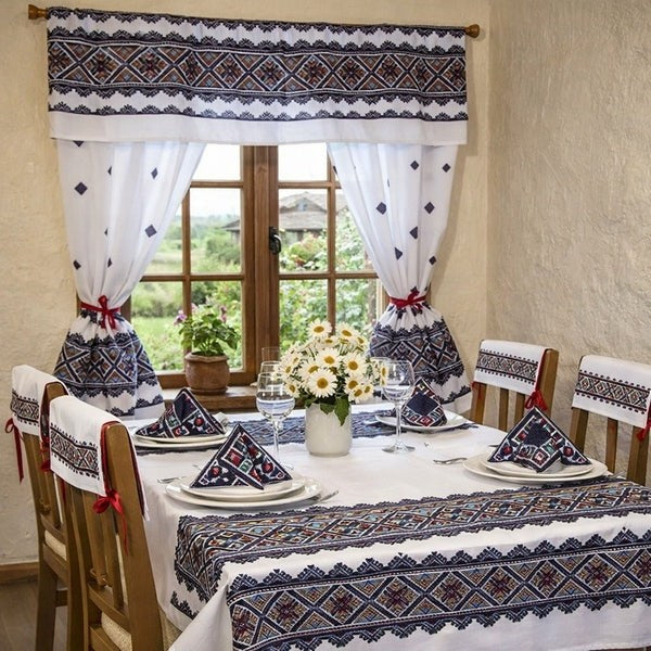 Tablecloth set, 4 napkins, 4 chair covers and kitchen curtain