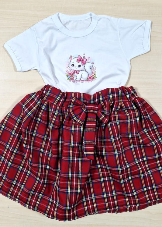 Set tricou Pisica și fustă din stofa rosie cu carouri