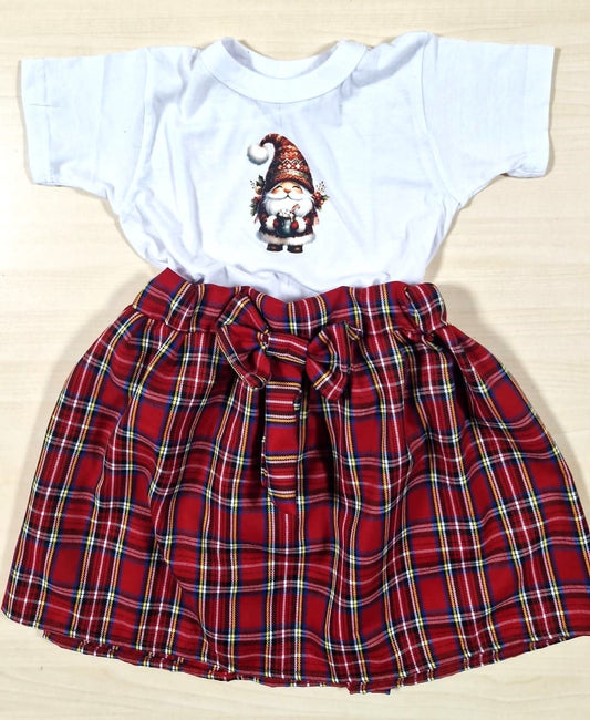 Set tricou Spiridus și fustă din stofa rosie cu carouri