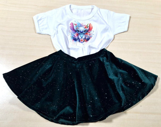 Stitch tricou și fustă din catifea elastica sau crep