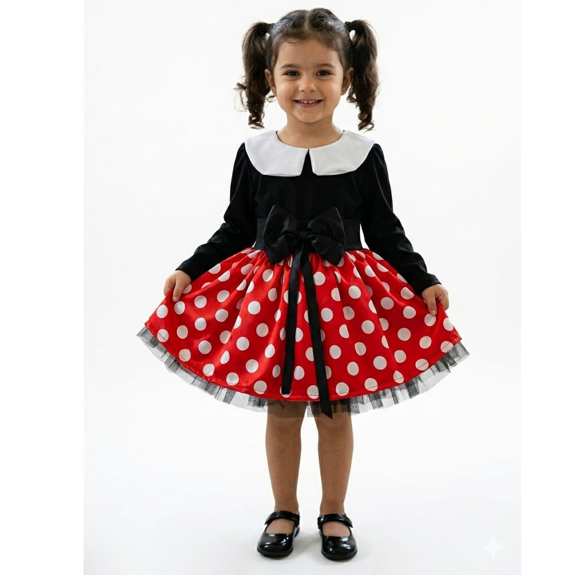 Rochie Fetițe Model Minnie, Fustă Roșie cu Buline și Detalii Satinate