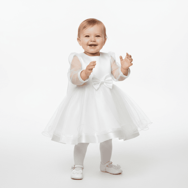 Bebeluș cu rochie albă elegantă cu organza