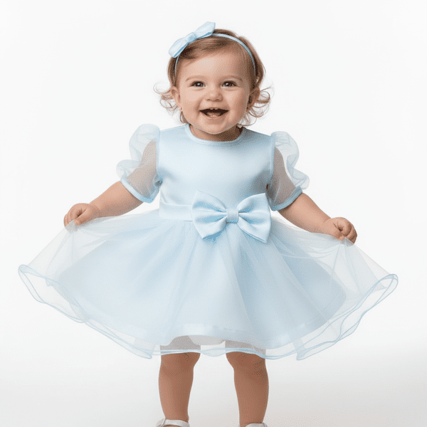 Bebeluș cu rochie albastru deschis elegantă cu organza