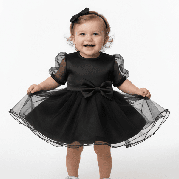 Bebeluș cu rochie neagră elegantă cu organza